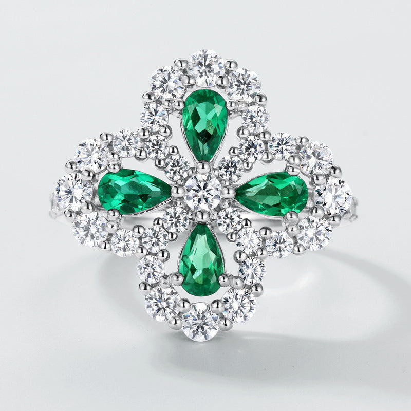 Lab-grown Emerald Clover Ring with S925 Sterling Silver and Lab-grown Ruby Jewelry Set