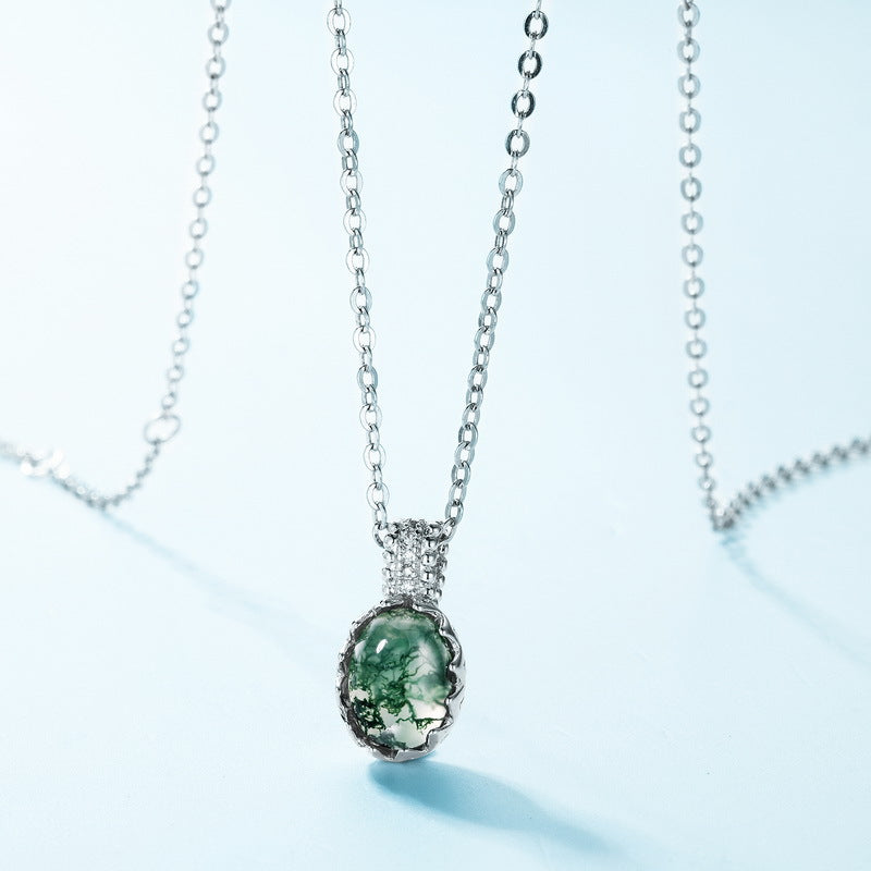 Oval Moss Agate Pendant Necklace | S925 Sterling Silver