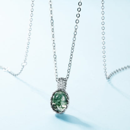 Oval Moss Agate Pendant Necklace | S925 Sterling Silver