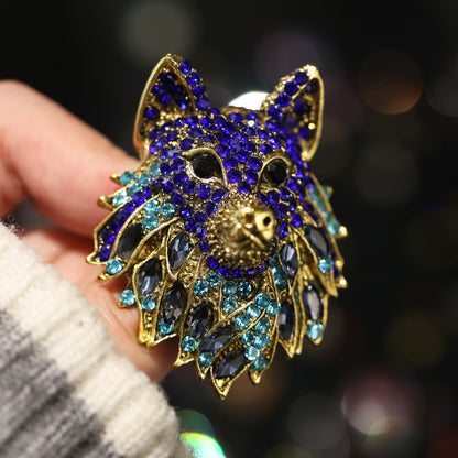 Retro Rhinestone Wolf Head Brooch