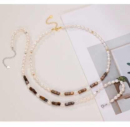 Maillard Style 925 Sterling Silver Tiger’s Eye & Pearl Necklace