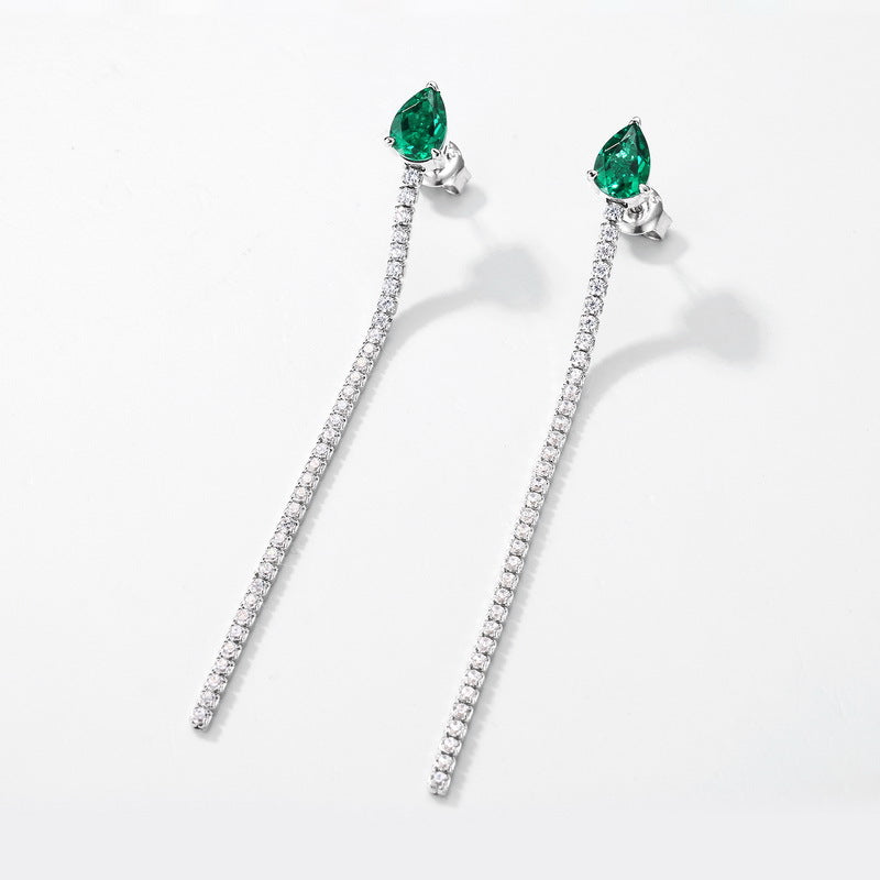 Cascading Dew: Teardrop Lab-Grown Emerald Tassel Drop Earrings | 925 Silver | Dapaza