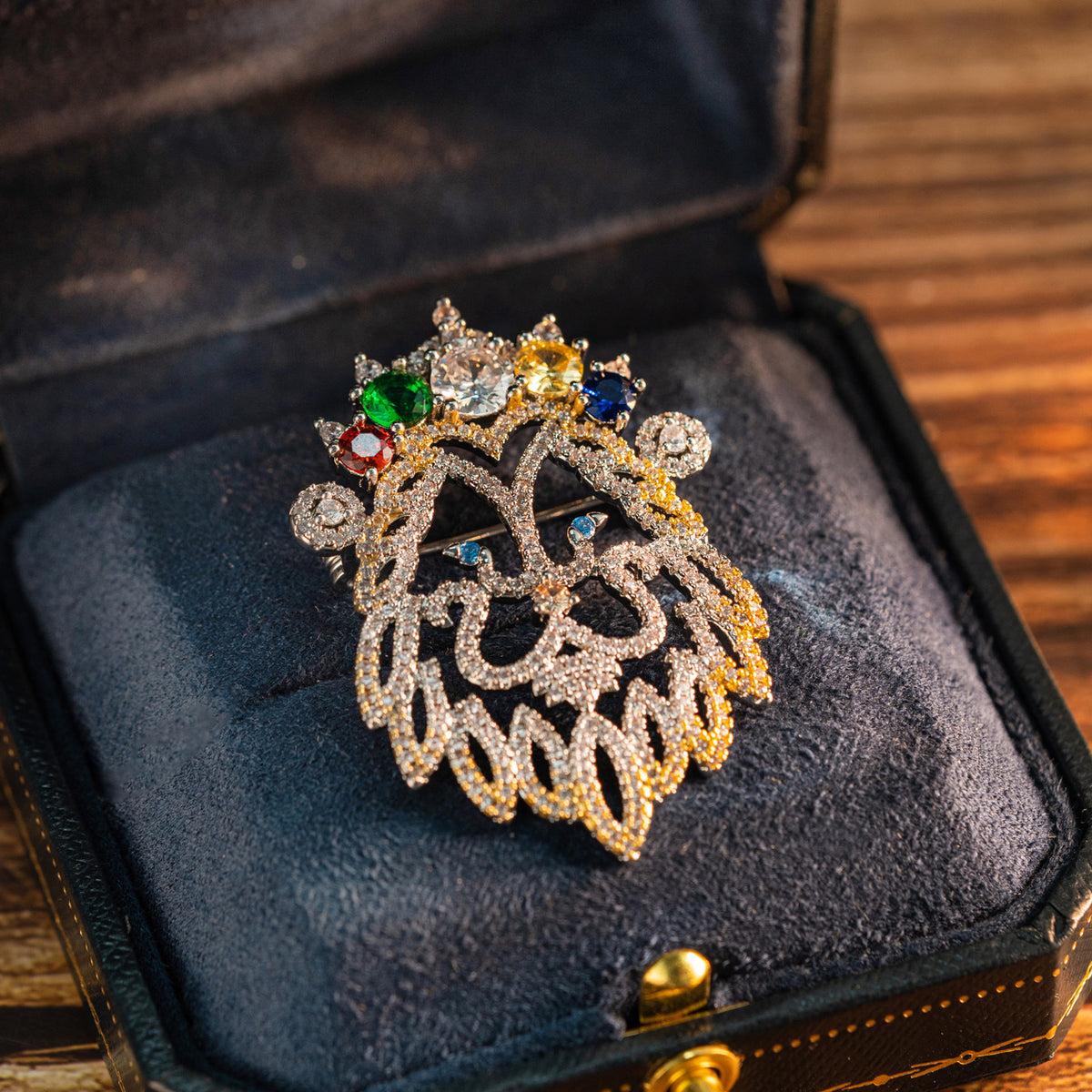 Two-tone Gold Colored Lion Head Diamond Brooch
