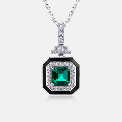Retro Chic: Emerald-Cut Lab-Grown Emerald Square Pendant Necklace | 925 Silver | Dapaza