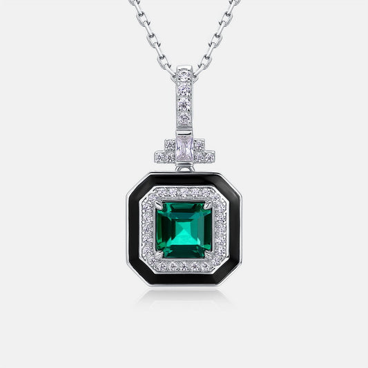 Retro Chic: Emerald-Cut Lab-Grown Emerald Square Pendant Necklace | 925 Silver | Dapaza