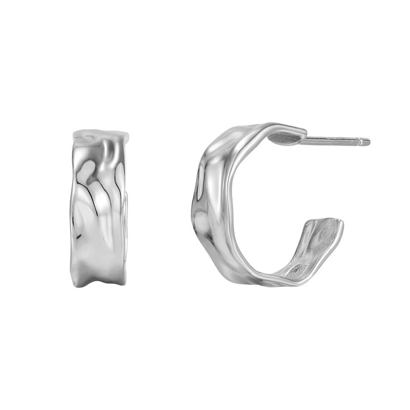 New 925 Sterling Silver Irregular Geometric Earrings - Women's Fashion Polished Foil Crinkle Studs