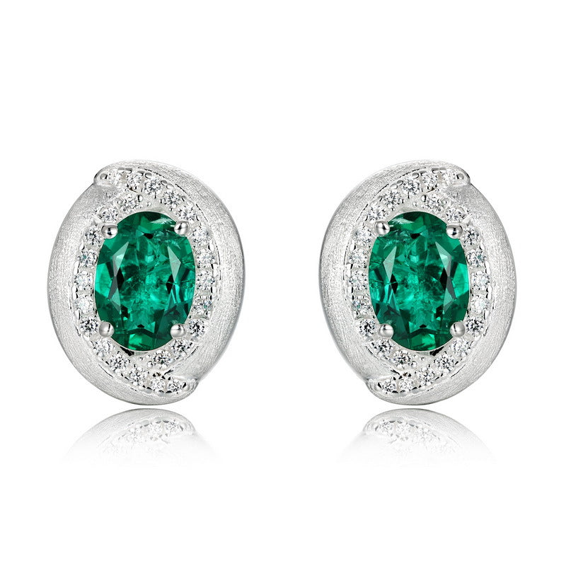 Retro Oval: Minimalist Lab-Grown Emerald Oval Stud Earrings | 925 Silver | Dapaza