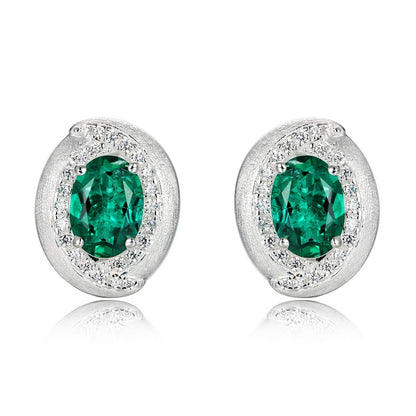 Retro Oval: Minimalist Lab-Grown Emerald Oval Stud Earrings | 925 Silver | Dapaza