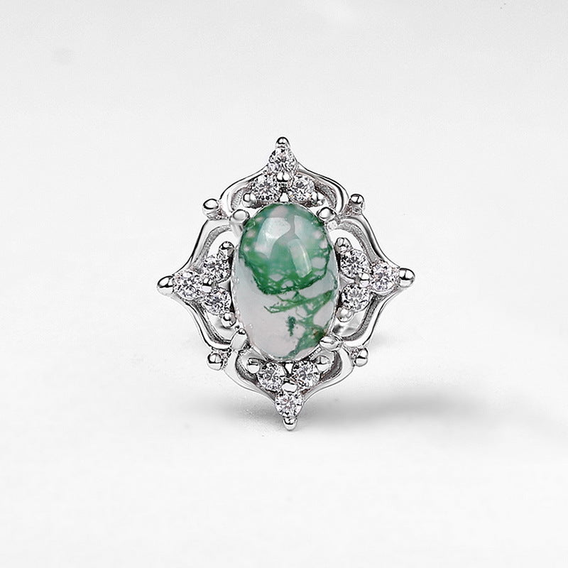 Cutout Moss Agate Stud Earrings | Gold-Plated S925 Sterling Silver