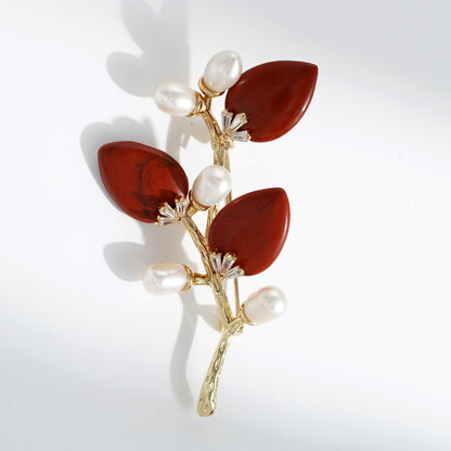 Multi-Color Natural Stone Branch & Leaf Brooch