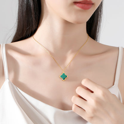 Dapaza Lucky Clover S925 Sterling Silver Natural Malachite Pendant Necklace