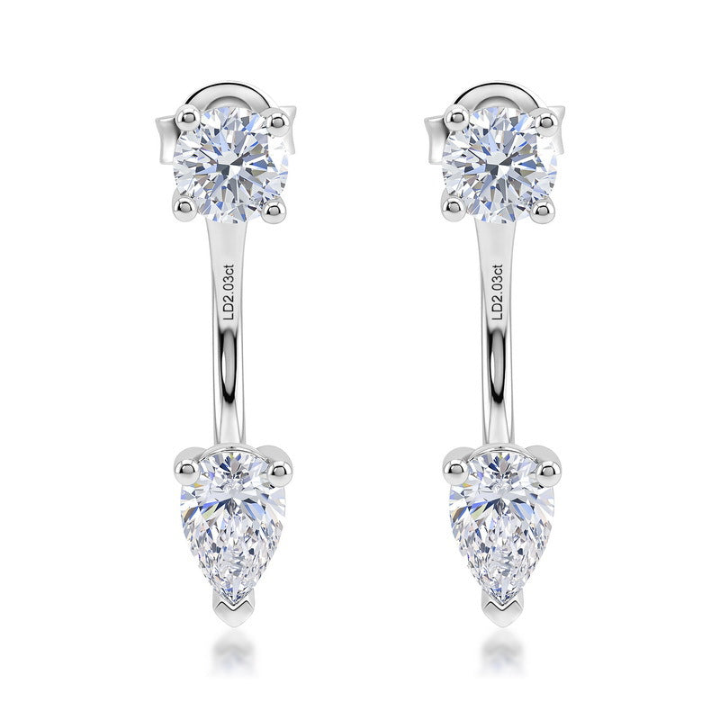 Chic 2.0CTW HPHT Pear & Round Lab Grown Diamond Ear Jacket Earrings | S925 Sterling Silver Floating Drop Studs - Dapaza