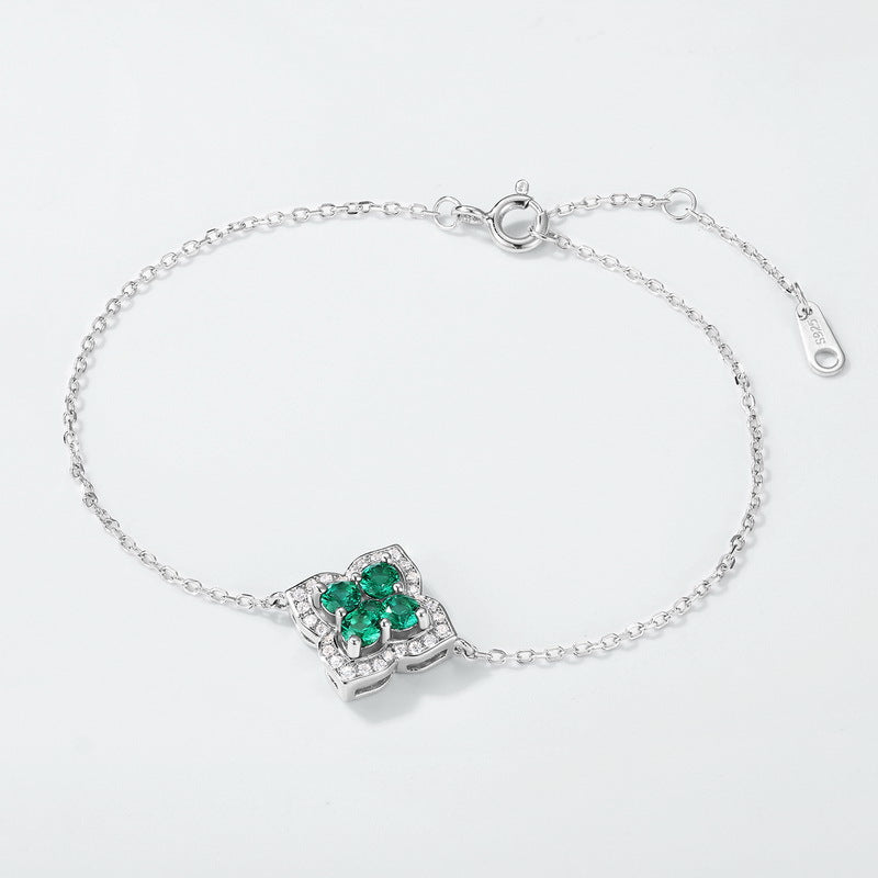 Lucky Clover: French Four-Leaf Lab-Grown Emerald Bracelet | 925 Silver | Dapaza