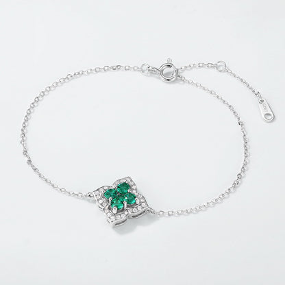 Lucky Clover: French Four-Leaf Lab-Grown Emerald Bracelet | 925 Silver | Dapaza