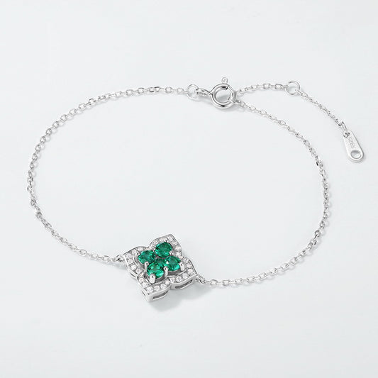Lucky Clover: French Four-Leaf Lab-Grown Emerald Bracelet | 925 Silver | Dapaza