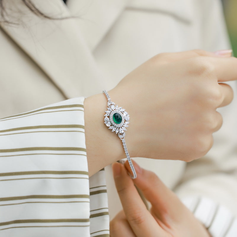Delicate Allure: Gold-Accented Lab-Grown Emerald Chain Bracelet | 925 Silver | Dapaza