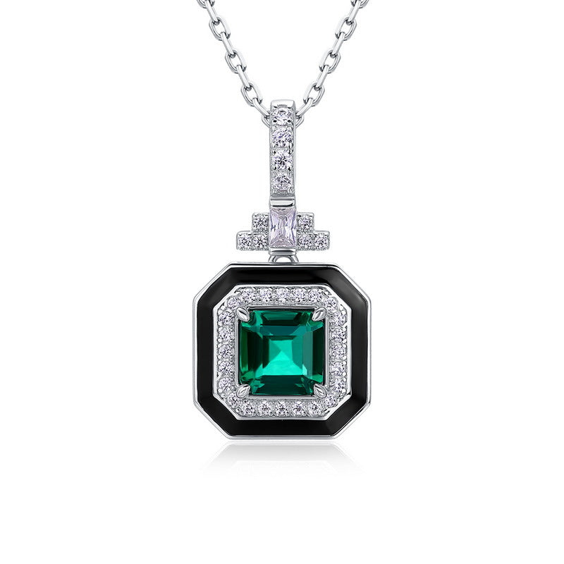 Retro Chic: Emerald-Cut Lab-Grown Emerald Square Pendant Necklace | 925 Silver | Dapaza