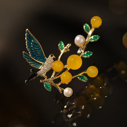 Freshwater Pearl Yellow Agate Bird Brooch