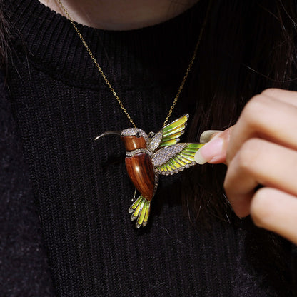 Khaki Nature Enamel Log Hummingbird Brooch Pendant Dual-purpose Corsage Clothing Accessories