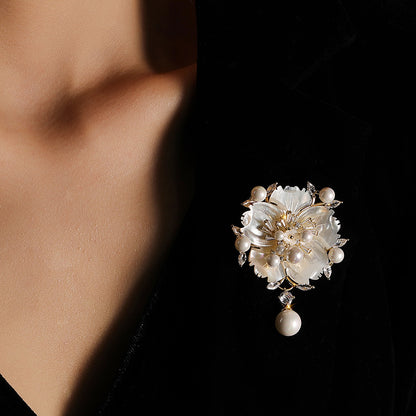 Mother Shell Brooch Pearl Camellia Zircon Corsage