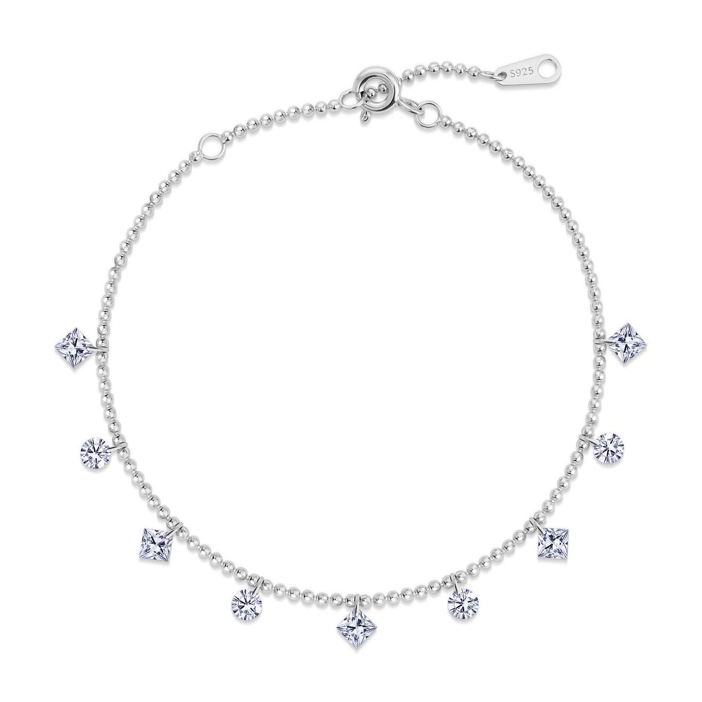 Playful 1.65CTW Round & Geometric Princess Cut HPHT Lab Grown Diamond Dangle Charm Bead Bracelet | S925 Sterling Silver Dainty Layering Chain - Dapaza