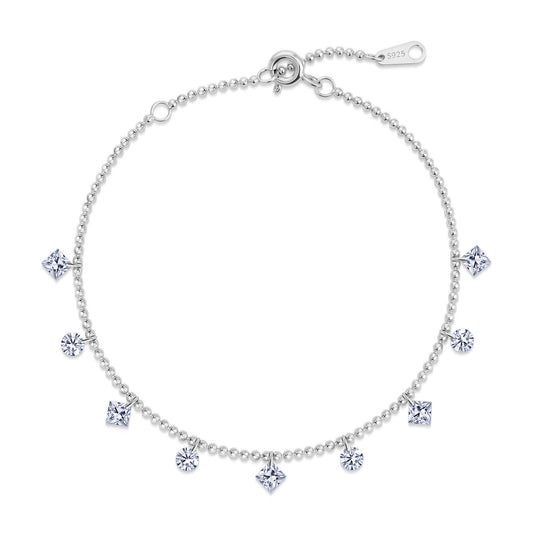 Playful 1.65CTW Round & Geometric Princess Cut HPHT Lab Grown Diamond Dangle Charm Bead Bracelet | S925 Sterling Silver Dainty Layering Chain - Dapaza
