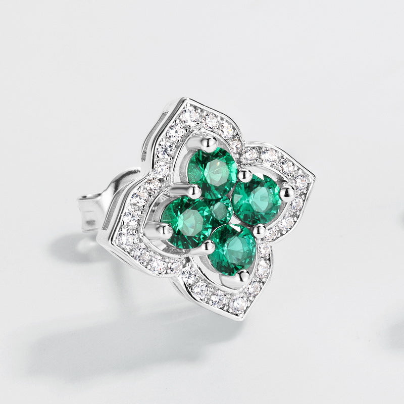 Vintage Palace: Hollow Clover Lab-Grown Emerald Earrings | 14K Gold Plated 925 Silver | Dapaza