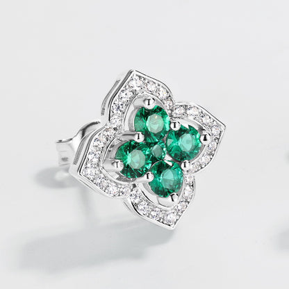 Vintage Palace: Hollow Clover Lab-Grown Emerald Earrings | 14K Gold Plated 925 Silver | Dapaza