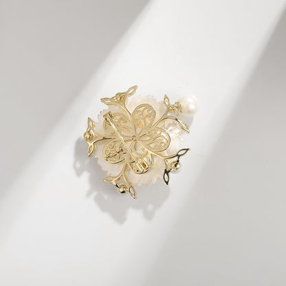 Shell Pearl Zircon Camellia Brooch