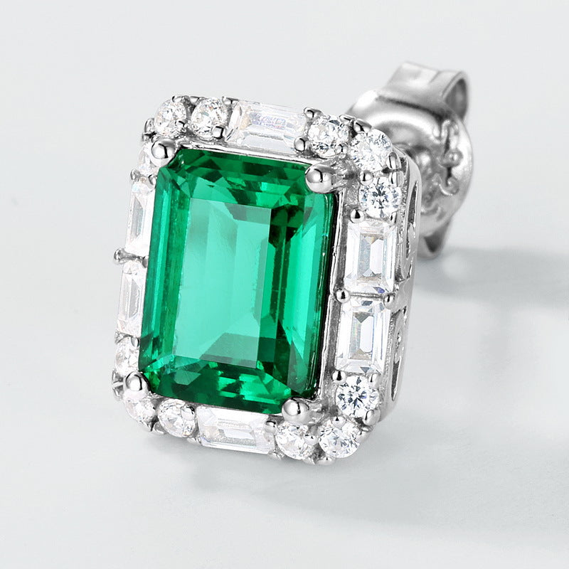 Lab-Grown Emerald Baguette Halo Stud Earrings - S925 Sterling Silver