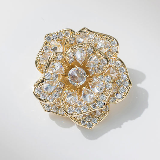 Gold and White Peony Brooch with Diamonds