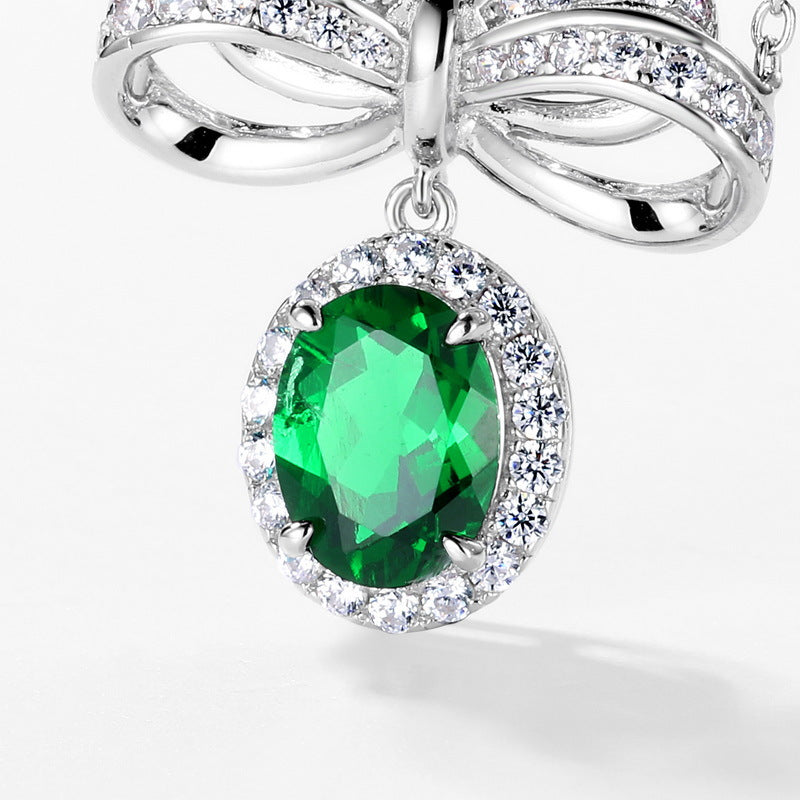S925 Sterling Silver Lab-grown Emerald Necklace - Vintage Bow Clavicle Chain