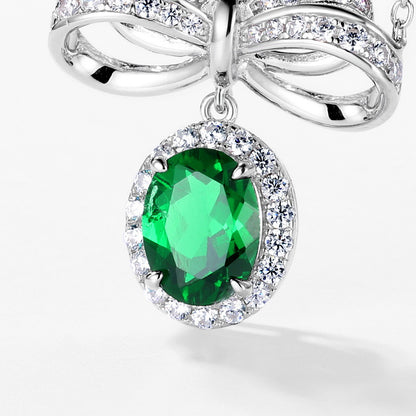 S925 Sterling Silver Lab-grown Emerald Necklace - Vintage Bow Clavicle Chain