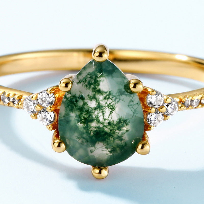 Pear-Cut Natural Moss Agate Ring - 10K Gold & S925 Sterling Silver Band