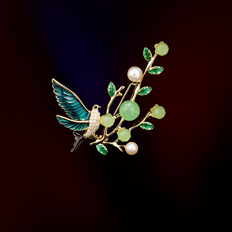 Freshwater Pearl Yellow Agate Bird Brooch