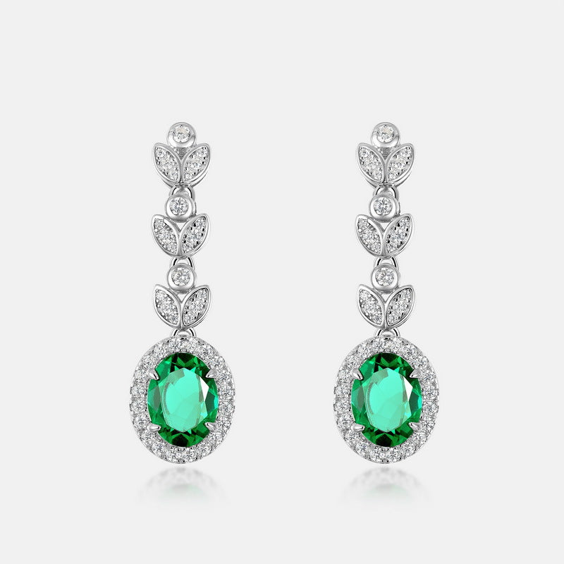 Lab-Grown Emerald Leaf Drop Earrings - S925 Sterling Silver Halo Dangles
