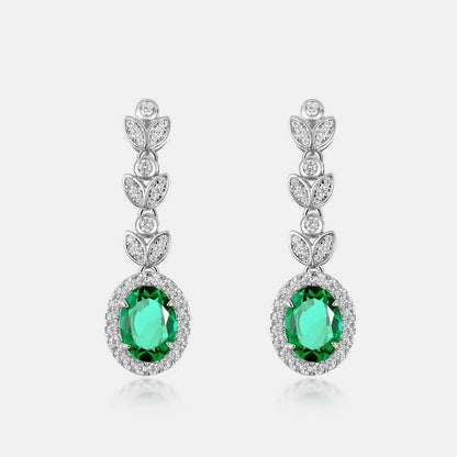 Lab-Grown Emerald Leaf Drop Earrings - S925 Sterling Silver Halo Dangles
