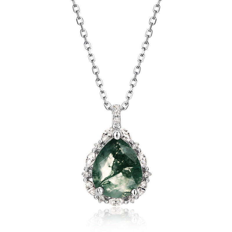 Pear-Cut Natural Moss Agate Halo Drop Earrings - S925 Sterling Silver