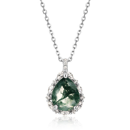 Pear-Cut Natural Moss Agate Halo Drop Earrings - S925 Sterling Silver