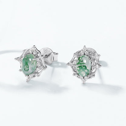 Cutout Moss Agate Stud Earrings | Gold-Plated S925 Sterling Silver