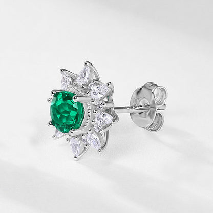 Lab-Grown Emerald Sunflower Stud Earrings - S925 Sterling Silver Halo Design