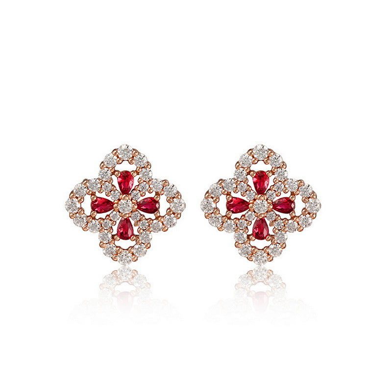 Lab-grown Emerald Clover Ring with S925 Sterling Silver and Lab-grown Ruby Jewelry Set