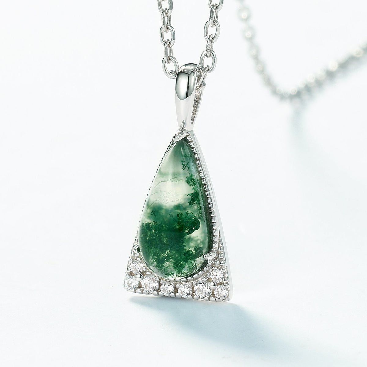 Natural Teardrop Moss Agate Necklace | Geometric Triangle Halo | S925