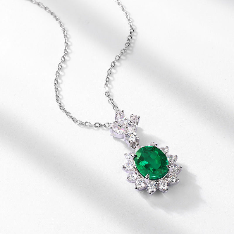 Radiant Lab-Grown Emerald Sunflower Pendant Necklace - 925 Sterling Silver