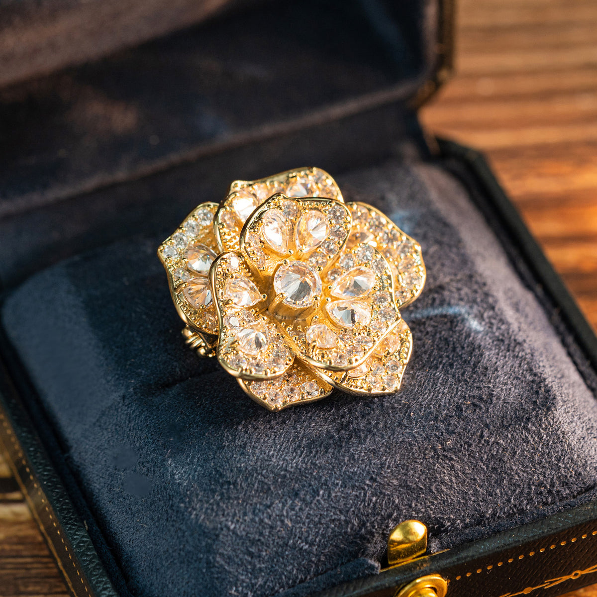 Gold and White Peony Brooch with Diamonds