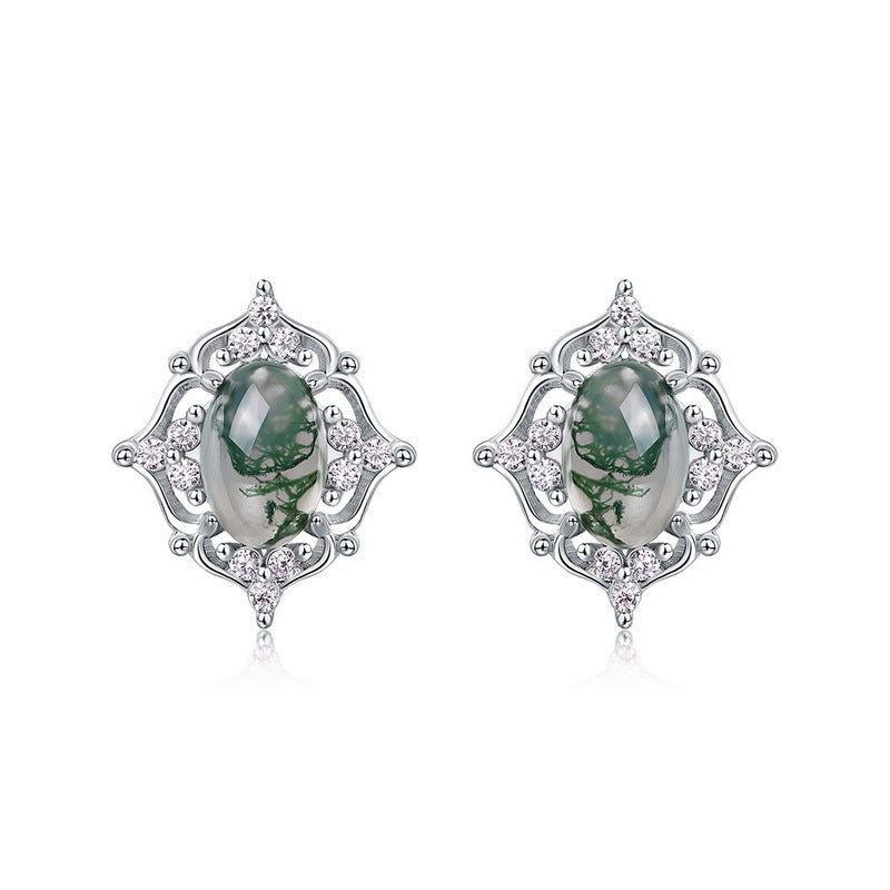 Cutout Moss Agate Stud Earrings | Gold-Plated S925 Sterling Silver