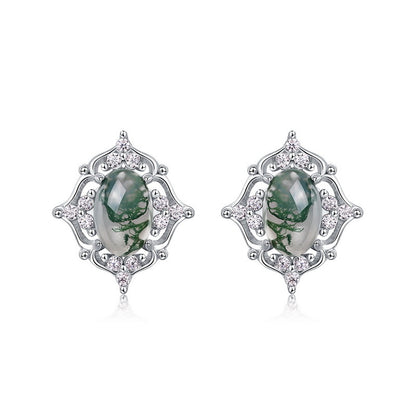 Cutout Moss Agate Stud Earrings | Gold-Plated S925 Sterling Silver
