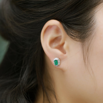 Geometric Lab-Grown Emerald Stud Earrings - S925 Sterling Silver Halo Design