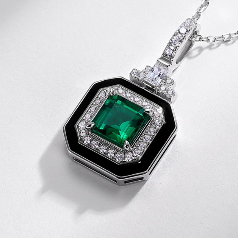 Retro Chic: Emerald-Cut Lab-Grown Emerald Square Pendant Necklace | 925 Silver | Dapaza