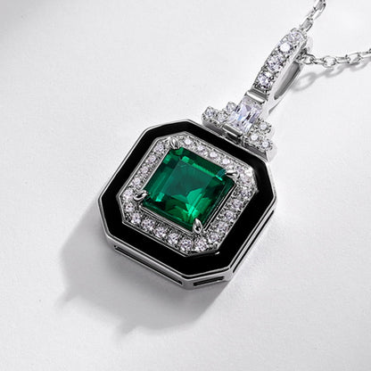 Retro Chic: Emerald-Cut Lab-Grown Emerald Square Pendant Necklace | 925 Silver | Dapaza